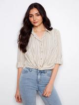 Charlie B Women's Striped Cotton-Linen Blend Shirt With Front Twist FOG