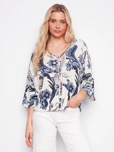 Charlie B Women's Printed Linen Blend Blouse with Front Button Detail PAISLEY
