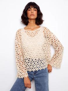 Charlie B Women's 3/4 Sleeve Cotton Crochet Flower Top NATURAL