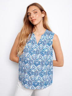 Charlie B Printed Sleeveless Ruffle Neck Top - Mosaic MOSAIC