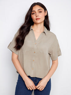  Charlie B Short Sleeve Button- Front Tencel Shirt - Sage