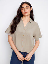  Charlie B Short Sleeve Button- Front Tencel Shirt - Sage