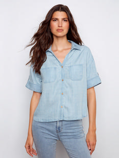 Charlie B Short Sleeve Button-Front Tencel Shirt - Light Blue LTBLUE