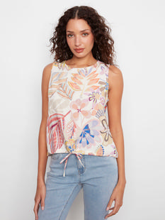 Charlie B Printed Sleeveless Linen Blend Top With Drawcord - Maui MAUI