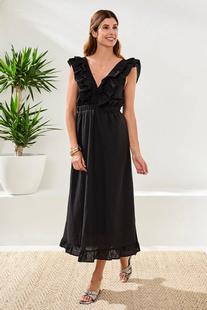 Tribal Women's Embroidered Cotton Maxi Dress With Frills & Cutout BLACK