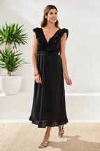 Tribal Women's Embroidered Cotton Maxi Dress With Frills & Cutout BLACK
