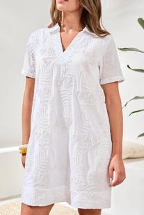 Tribal Women's Textured Cotton Short Sleeve V-Neck Tunic Dress WHITE
