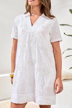 Tribal Women's Textured Cotton Short Sleeve V-Neck Tunic Dress WHITE