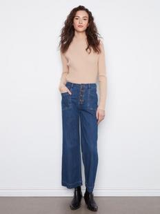 Charlie B Women's Wide Leg Button Front Pants with Patch Pockets INDIGO