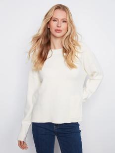 Charlie B Women's Crew Neck Cropped Sweater with Pocket Alternate View