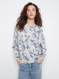 Charlie B Women's Long Sleeve Drop Shoulder Crew Neck Printed Sweater with Side Buttons Detail VELORA