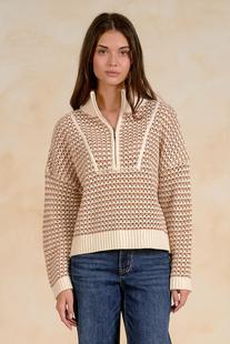 Elan Women's 1/4 Zip Open Weave Sweater NATURAL