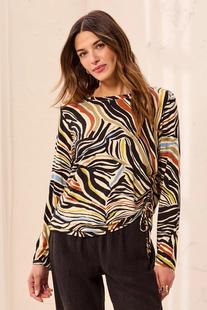 Tribal Long Sleeve Crew Neck Top with Side Ruching - Aloe ALOE