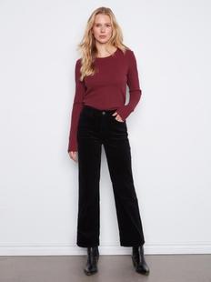 Charlie B Women's Straight Leg Cordoroy Pants with Elastic Inside Waist BLACK