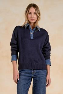 Elan Women's Collared Sweater with Denim Trim NAVY