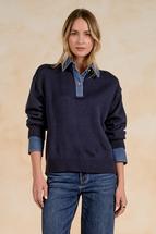 Elan Women's Collared Sweater with Denim Trim NAVY