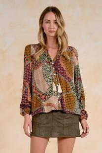 Elan Women's V-Neck Print Blouse TAUPEEMBER