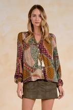 Elan Women's V-Neck Print Blouse TAUPEEMBER