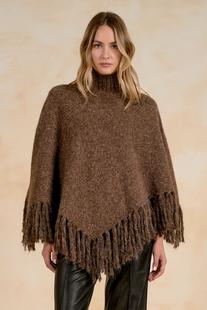 Elan Women's Turtleneck Poncho with Fringe BROWN
