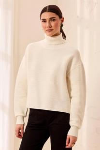 Tribal Women's Textured Rib Mock Neck Drop Shoulder High-Low Sweater With Side Slits CREAM