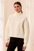 Tribal Women's Textured Rib Mock Neck Drop Shoulder High-Low Sweater With Side Slits CREAM